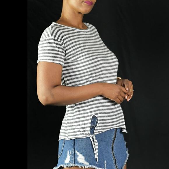 Stateside Striped Tee Gray Crewneck Side Tie T Shirt Top Short Sleeve Size XS - Picture 3 of 12